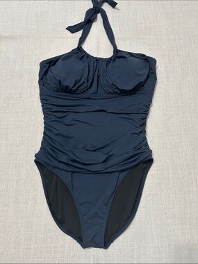 Garnet Hill Shoreline Halter One Piece Swimsuit Size 14 Navy Classic Ruched Fit